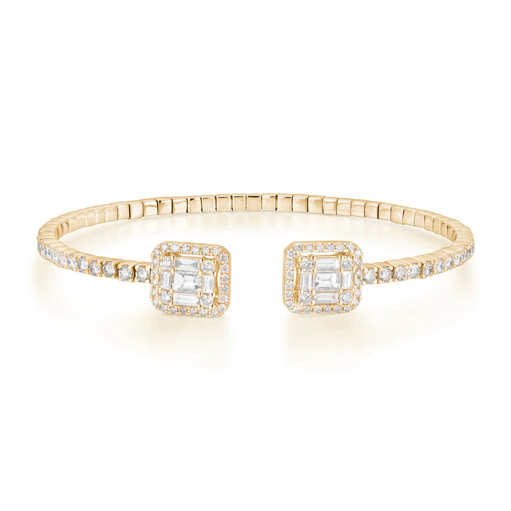 14K Gold Diamond Bangle Bracelet 7" – 2.22ct Natural VS–SI H–I Emerald-Cut Halo Open Design