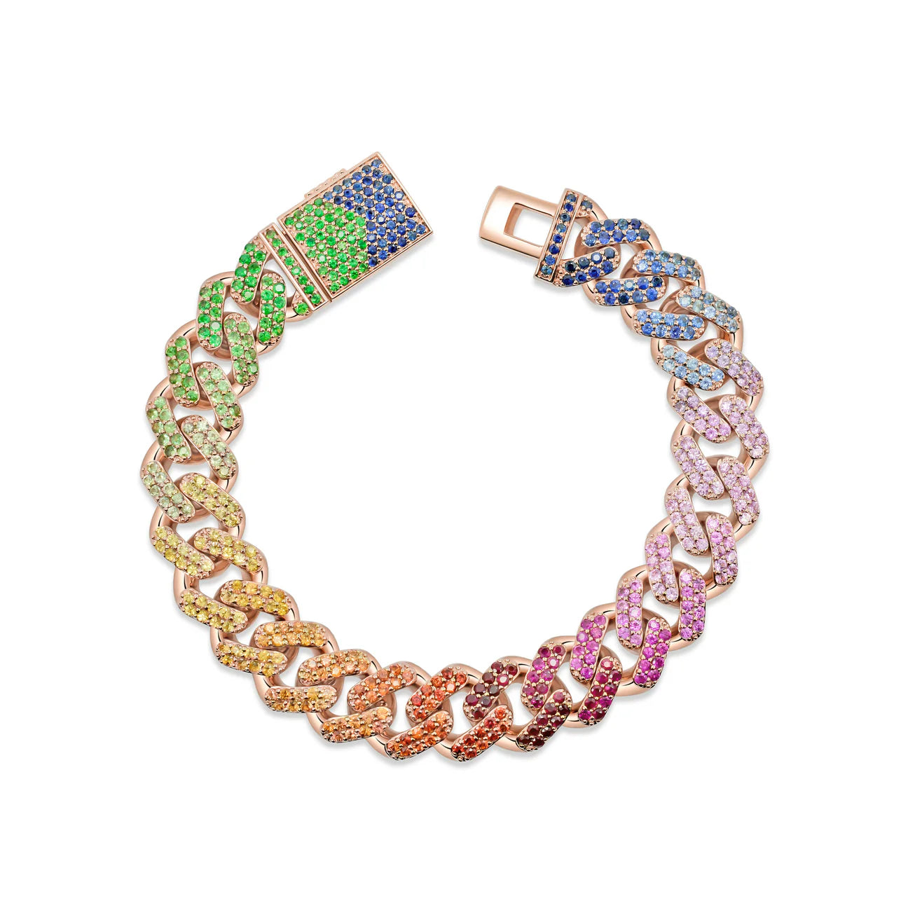 14K Gold Rainbow Cuban Link Bracelet – 8" 10.50ct Natural Stones