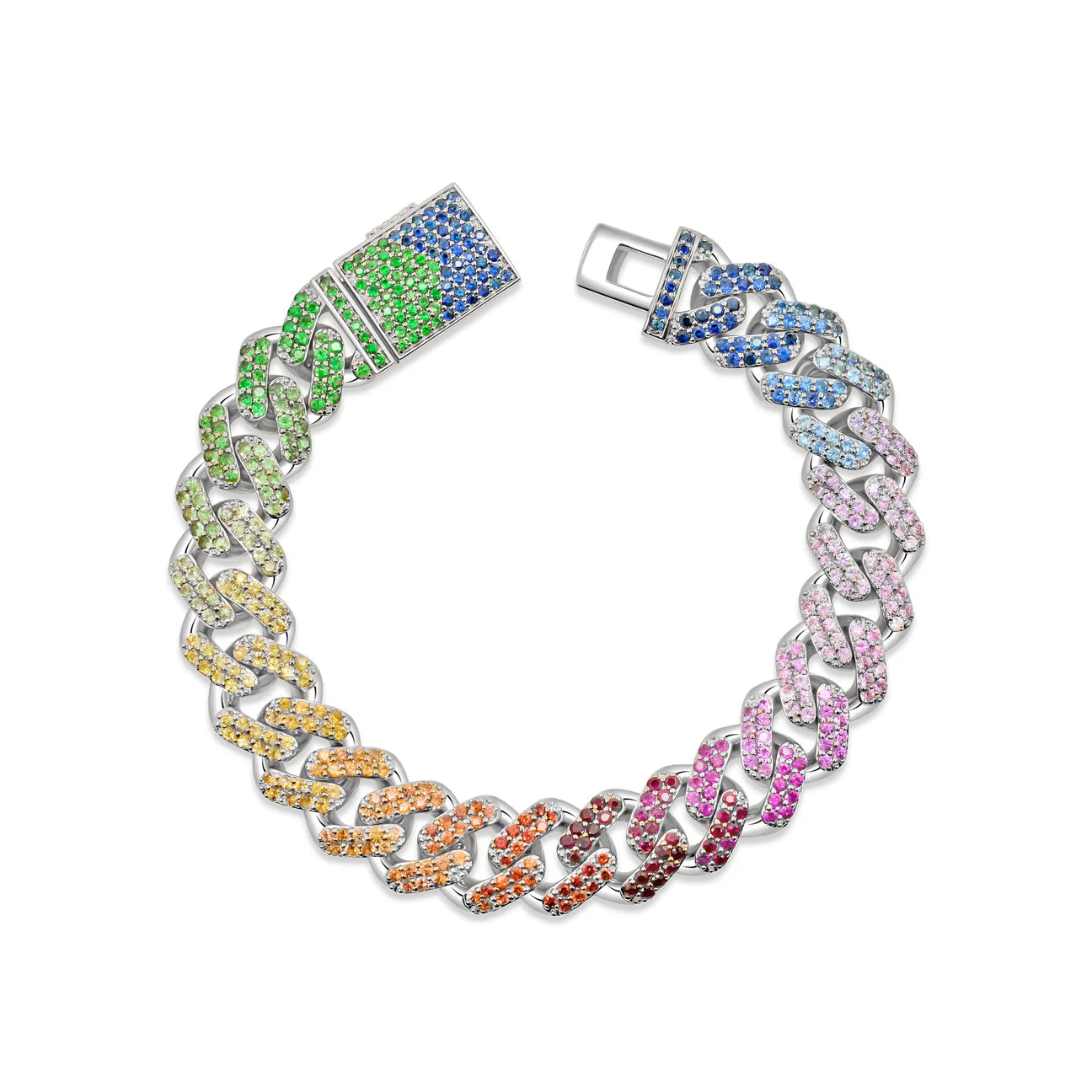 14K Gold Rainbow Cuban Link Bracelet – 8" 10.50ct Natural Stones