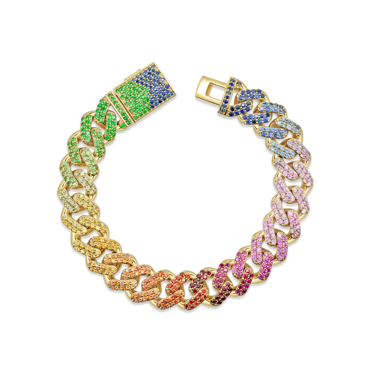 14K Gold Rainbow Cuban Link Bracelet – 8" 10.50ct Natural Stones