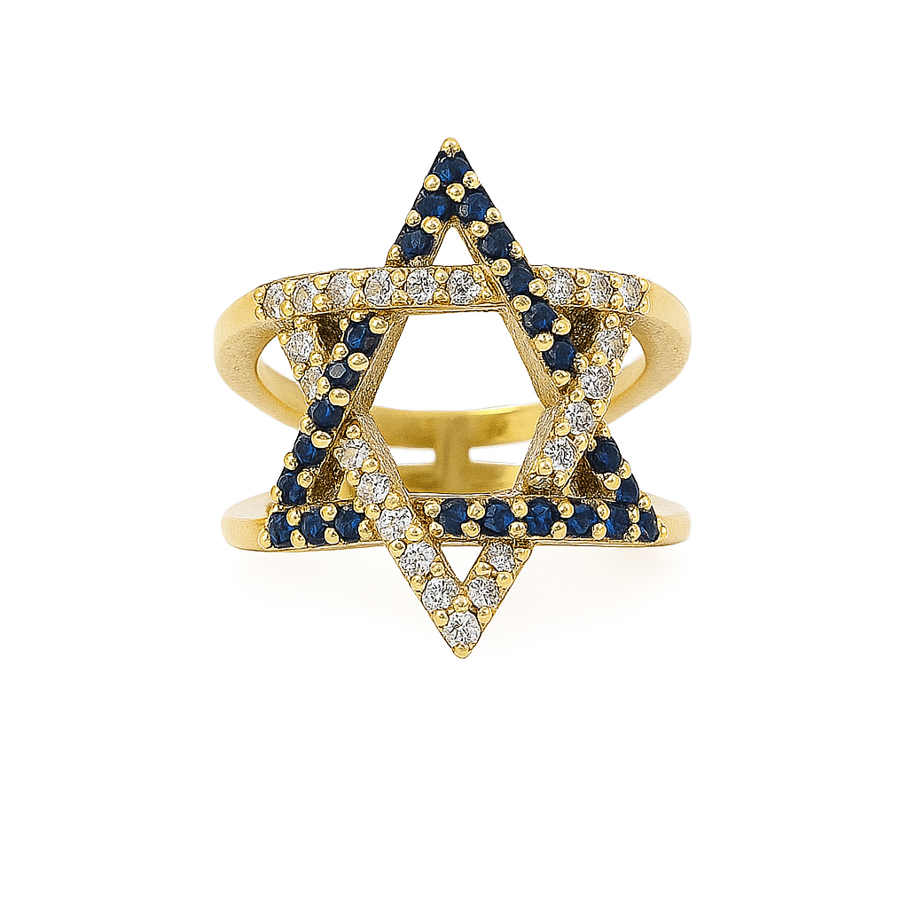 14K Yellow Gold Star of David Ring with Diamonds & Sapphires, 1.00 Carat
