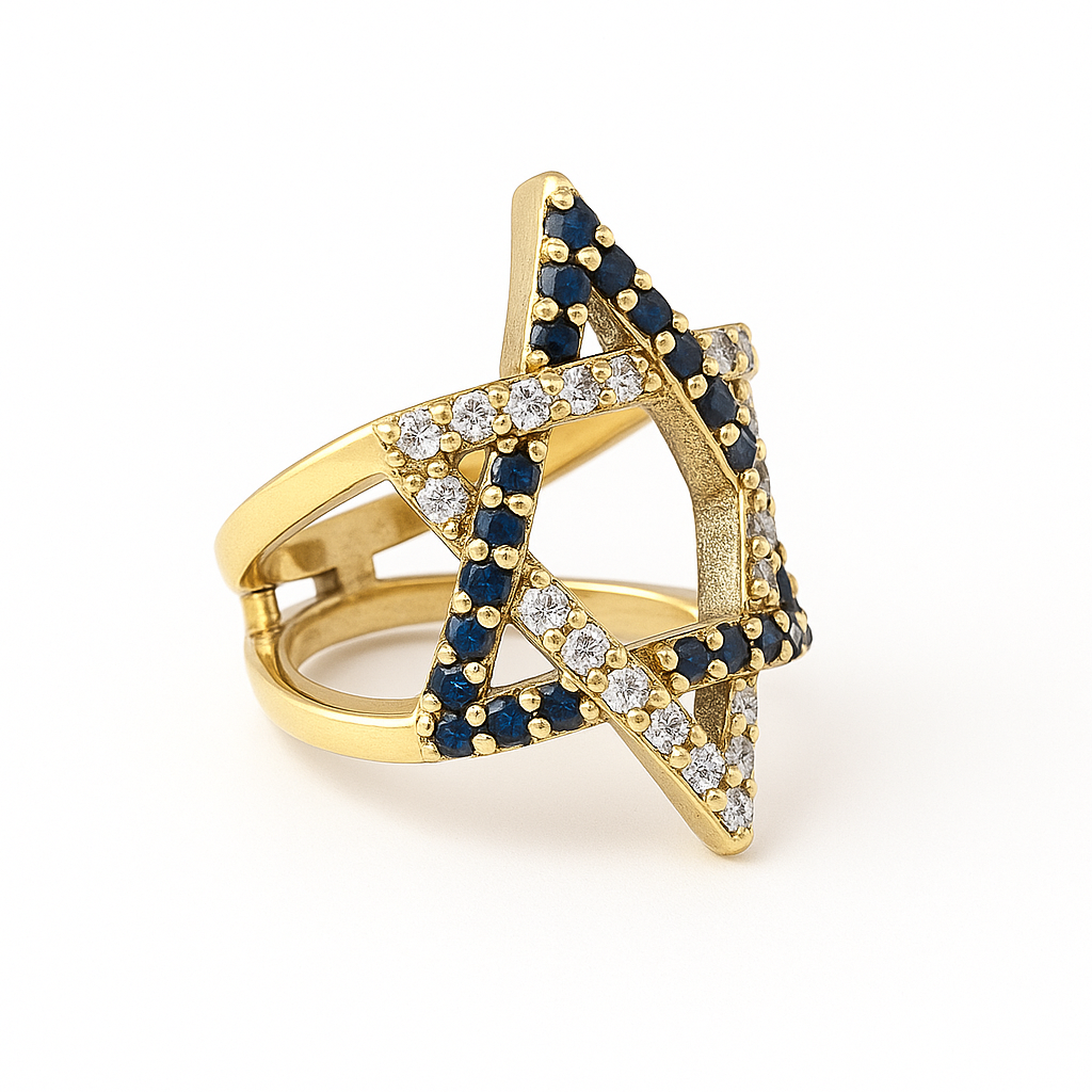 14K Yellow Gold Star of David Ring with Diamonds & Sapphires, 1.00 Carat