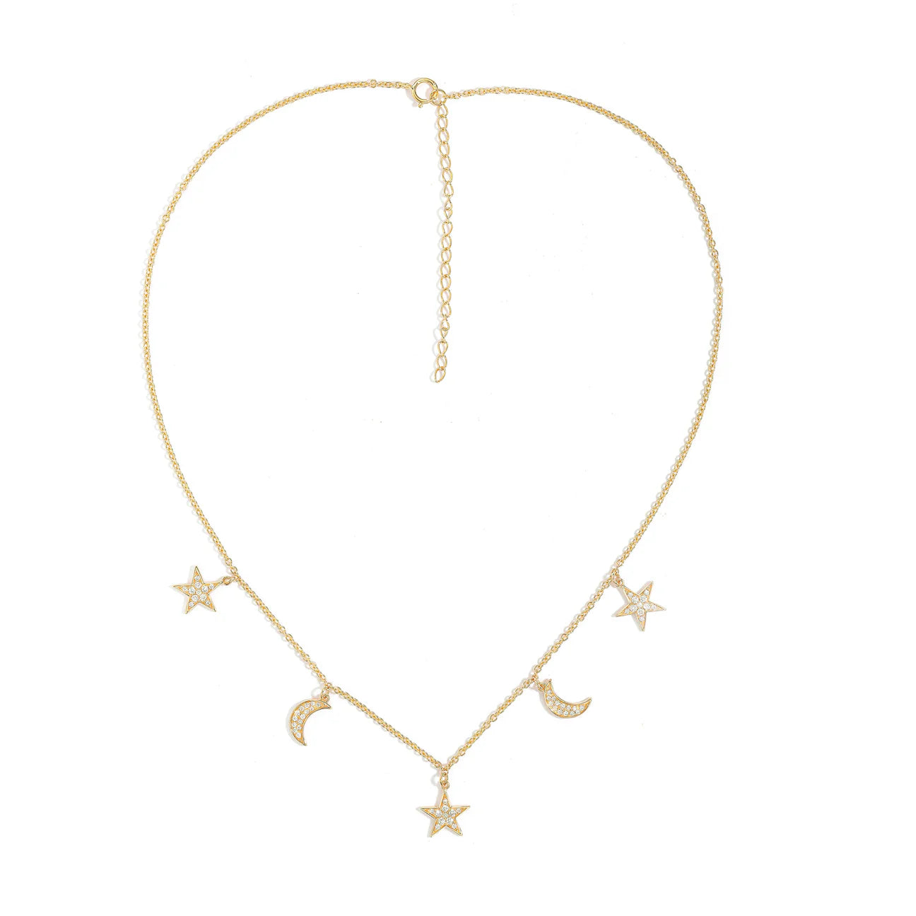 Diamond Moon & Star Necklace – 14K Gold, Adjustable, Dainty Celestial Jewelry