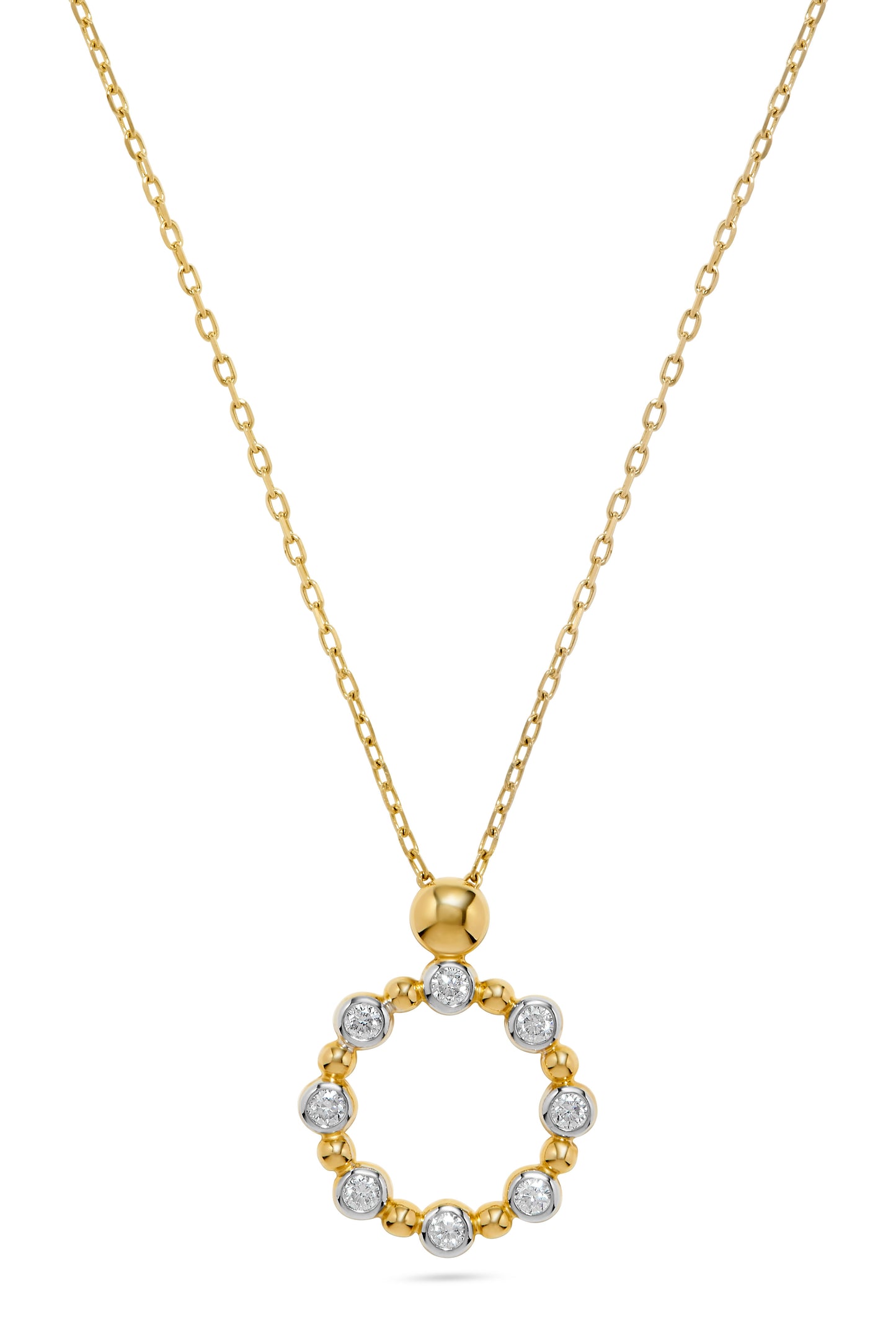Bezel Set Diamond Beaded Circle Pendant Necklace in 14K Yellow Gold