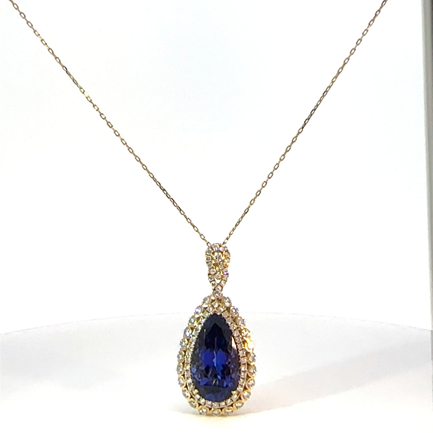10.77ct Tanzanite Diamond Teardrop Pendant 18K Yellow Gold 18in