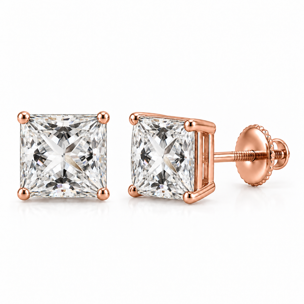 Princess-cut lab-grown diamond stud earrings, 2 carat total weight, 14K rose gold; generated product visualization