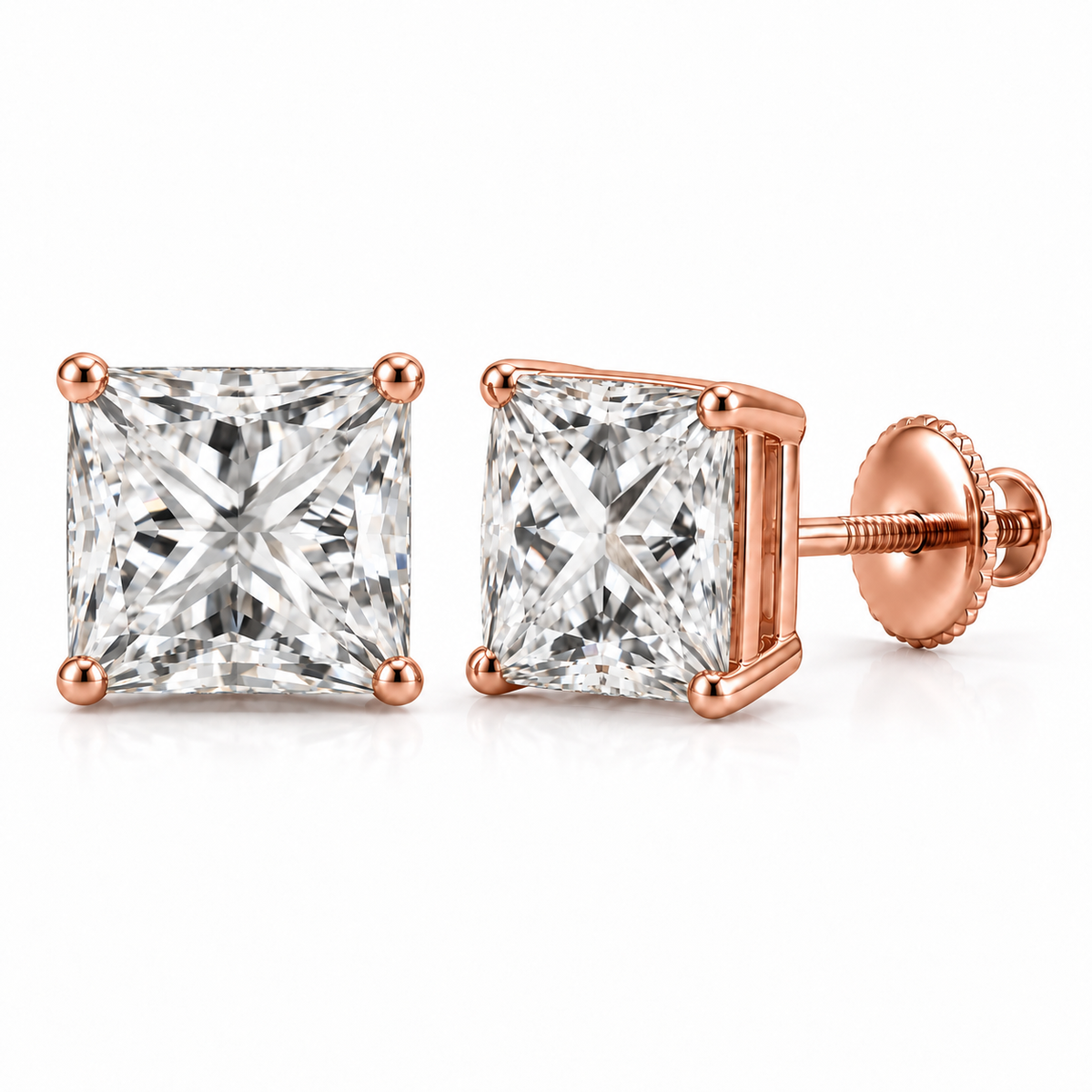Princess-cut lab-grown diamond stud earrings, 4 carat total weight, 14K rose gold; generated product visualization