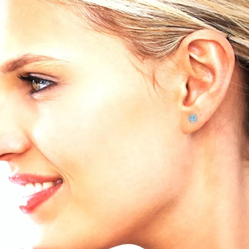 Blue Round Cut Genuine Diamond 4 Prong Solid Yellow Gold Stud Earrings .20 Carat