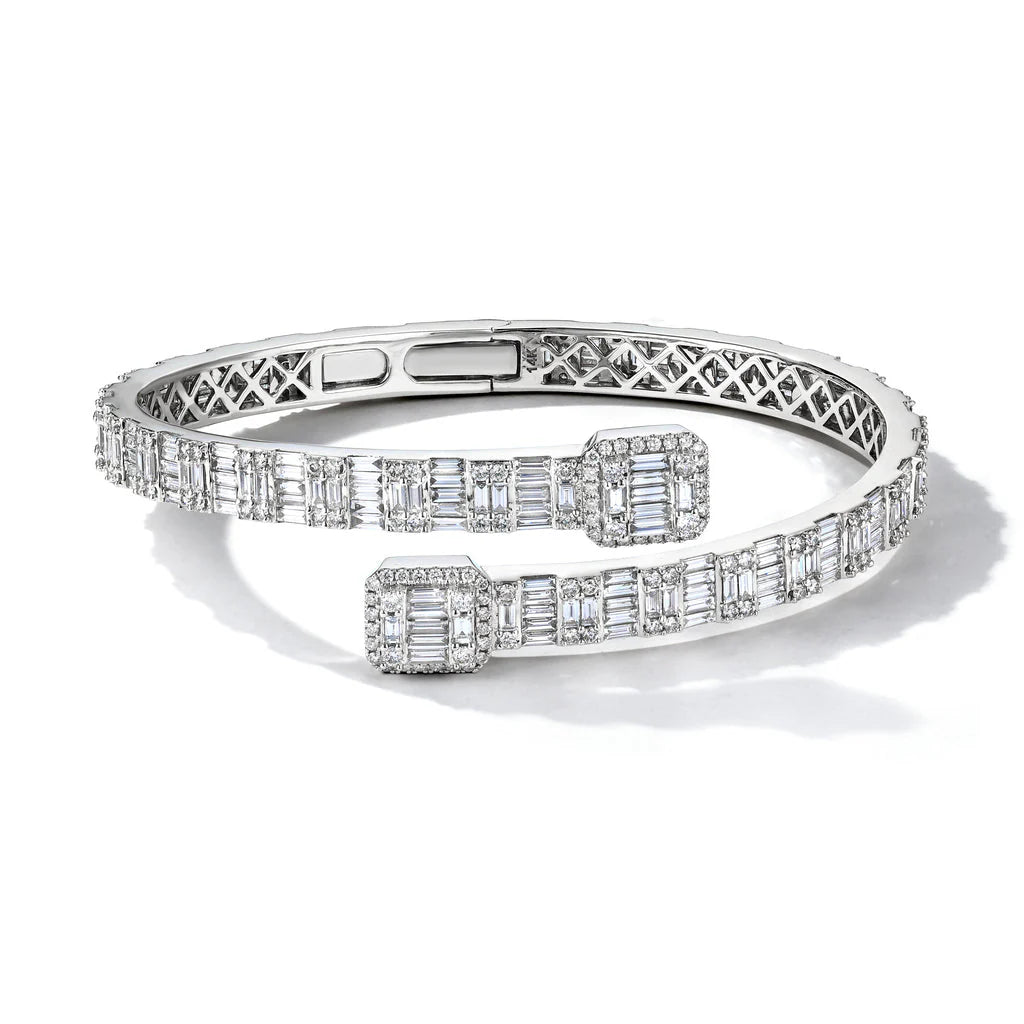 18K White Gold Diamond Baguette Flex Cuff Bracelet – 7.78 CTW Natural VS-SI Diamonds – 7”