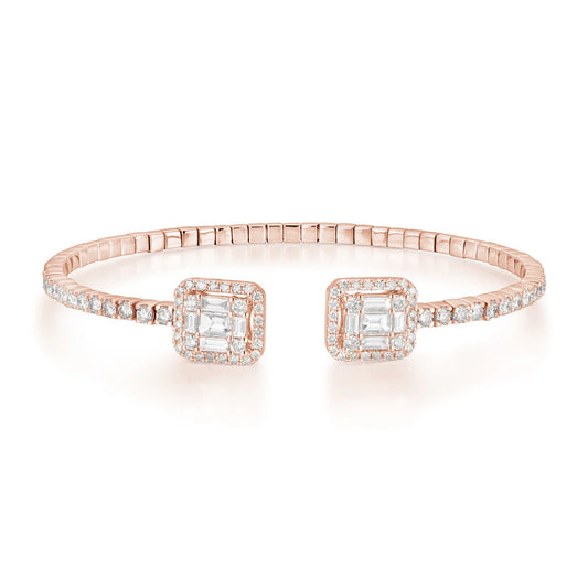 14K Gold Diamond Bangle Bracelet 7" – 2.22ct Natural VS–SI H–I Emerald-Cut Halo Open Design