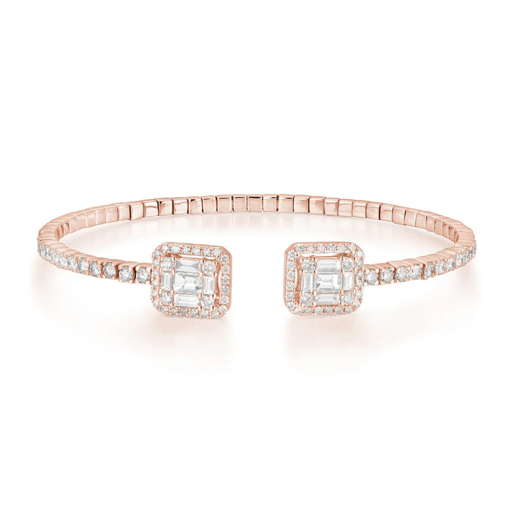 14K Gold Diamond Bangle Bracelet 7" – 2.22ct Natural VS–SI H–I Emerald-Cut Halo Open Design