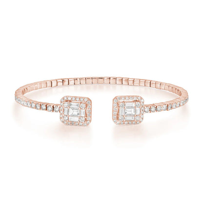 14K Gold Diamond Bangle Bracelet 7" – 2.22ct Natural VS–SI H–I Emerald-Cut Halo Open Design
