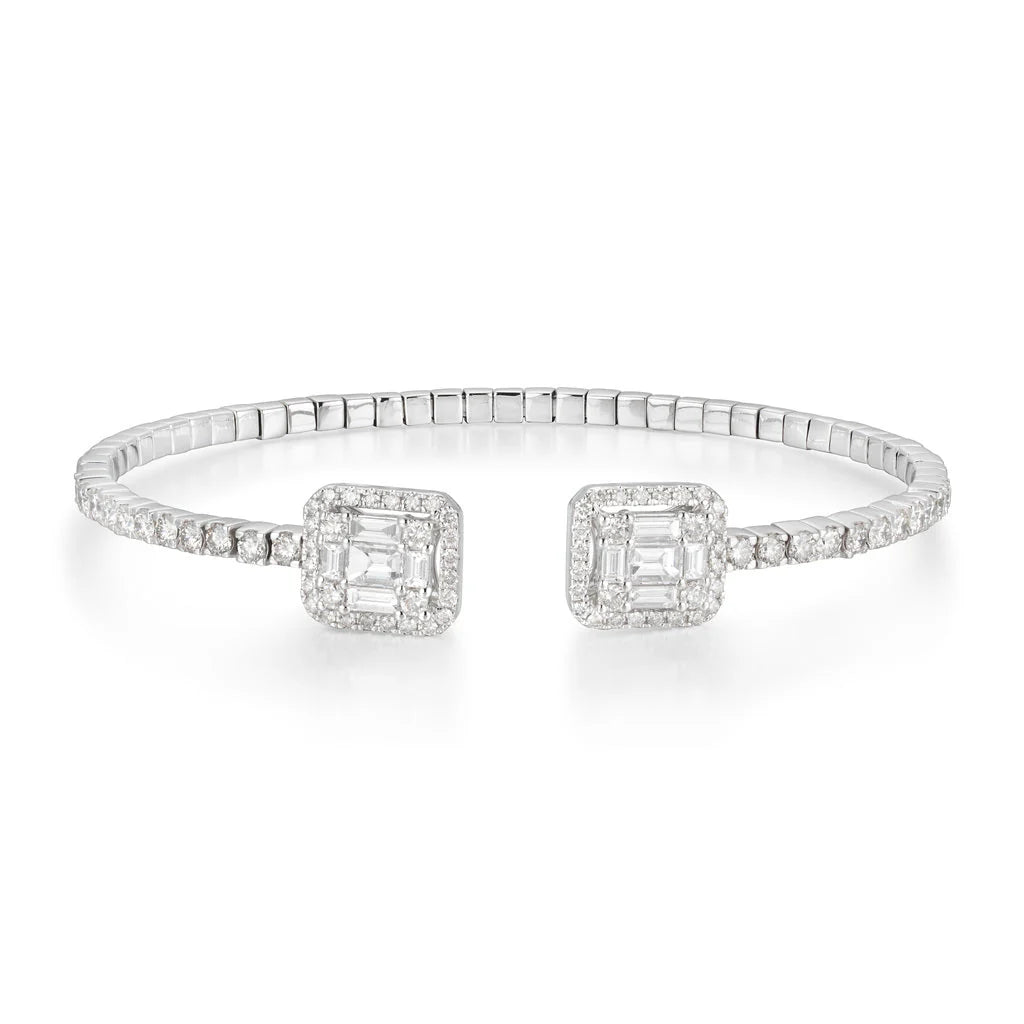 14K Gold Diamond Bangle Bracelet 7" – 2.22ct Natural VS–SI H–I Emerald-Cut Halo Open Design