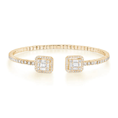 14K Gold Diamond Bangle Bracelet 7" – 2.22ct Natural VS–SI H–I Emerald-Cut Halo Open Design