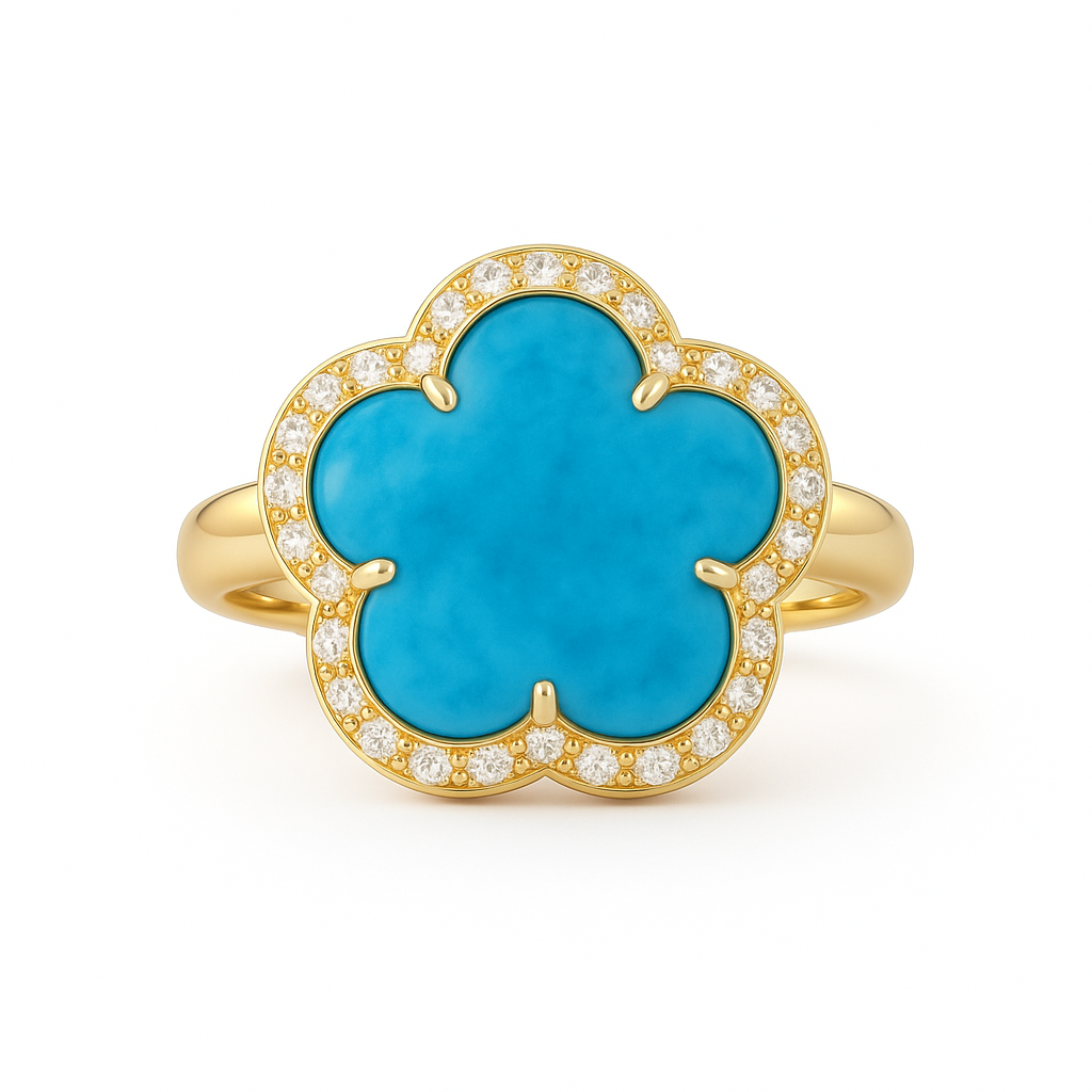 14K Yellow Gold Turquoise & Diamond Flower Ring