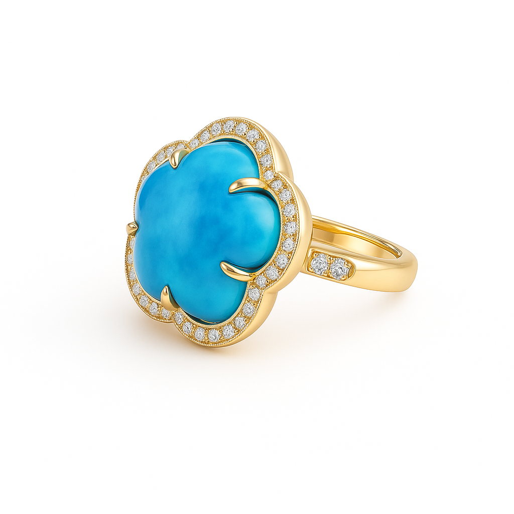 14K Yellow Gold Turquoise & Diamond Flower Ring