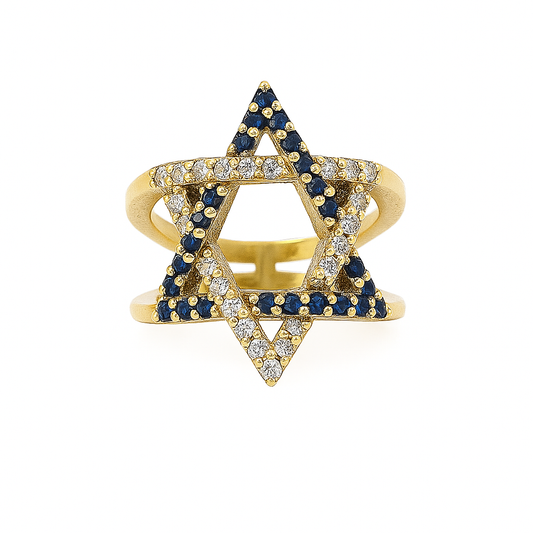 14K Yellow Gold Star of David Ring with Diamonds & Sapphires, 1.00 Carat