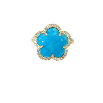 Flower Ring, Solid 14K Yellow Gold, Natural Turquoise Cabochon and Diamond Halo