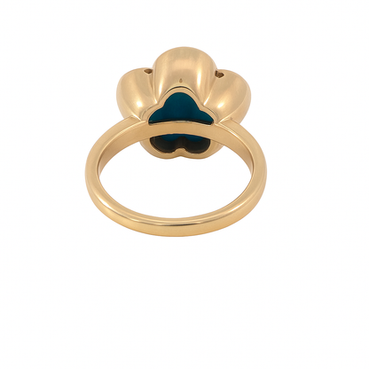 Flower Ring, Solid 14K Yellow Gold, Natural Turquoise Cabochon and Diamond Halo