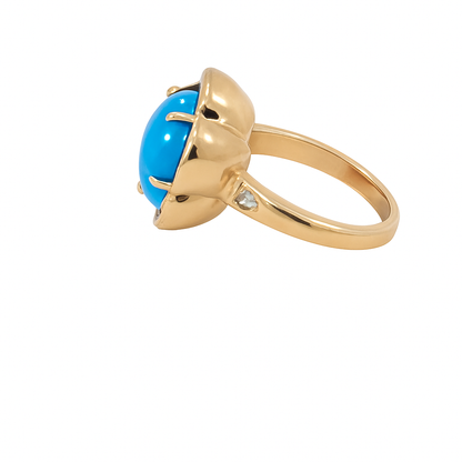 Flower Ring, Solid 14K Yellow Gold, Natural Turquoise Cabochon and Diamond Halo