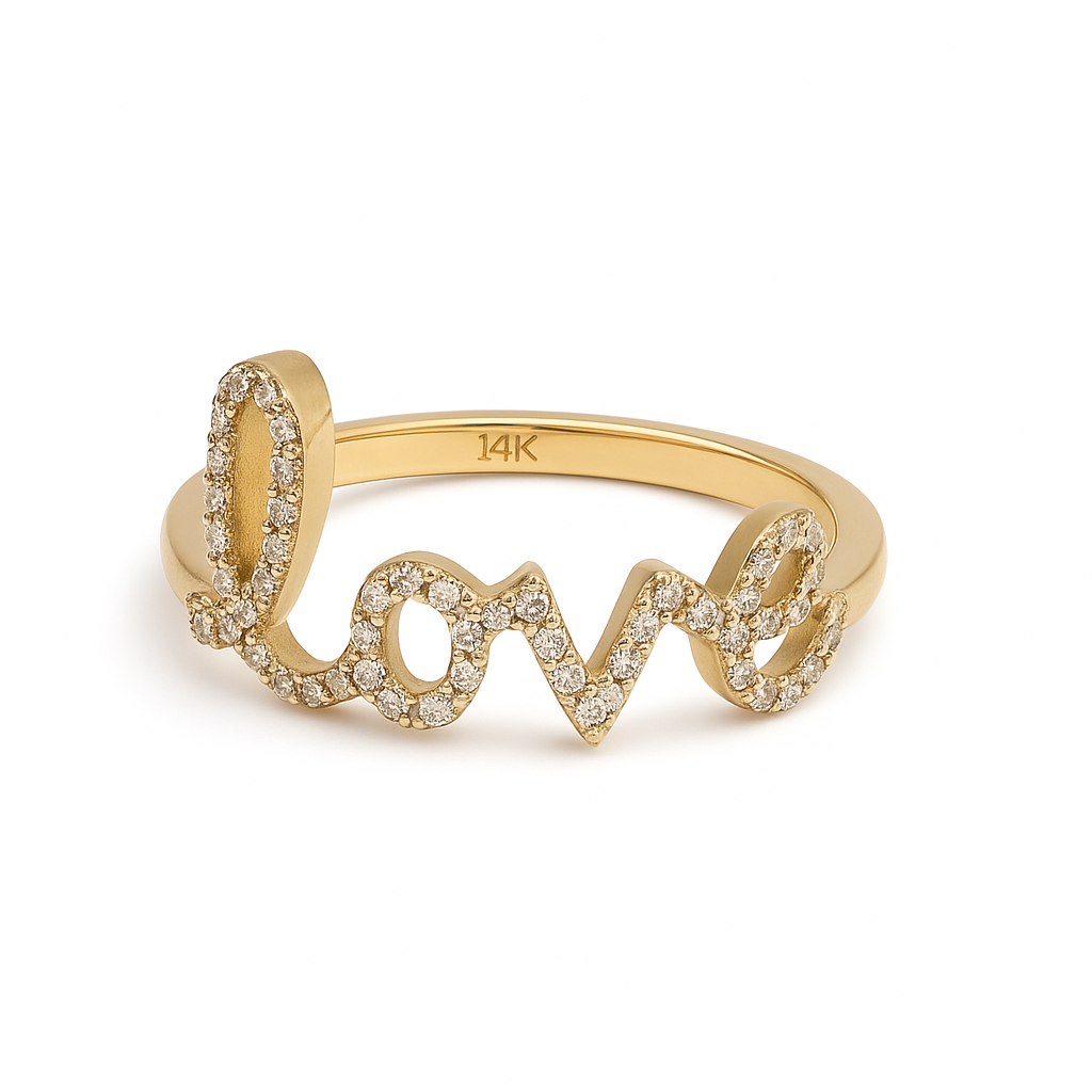 14K Yellow Gold Diamond “Love” Script Ring – Pavé Diamond Word Band