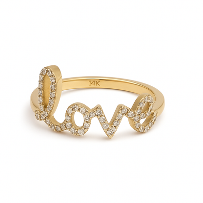Love Script Ring, 14K Yellow Gold, Pavé Natural Diamonds, Size 6