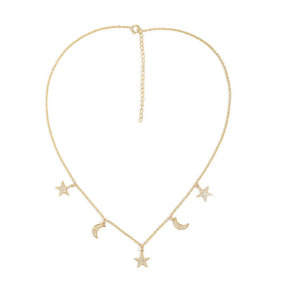 Diamond Moon & Star Necklace – 14K Gold, Adjustable, Dainty Celestial Jewelry