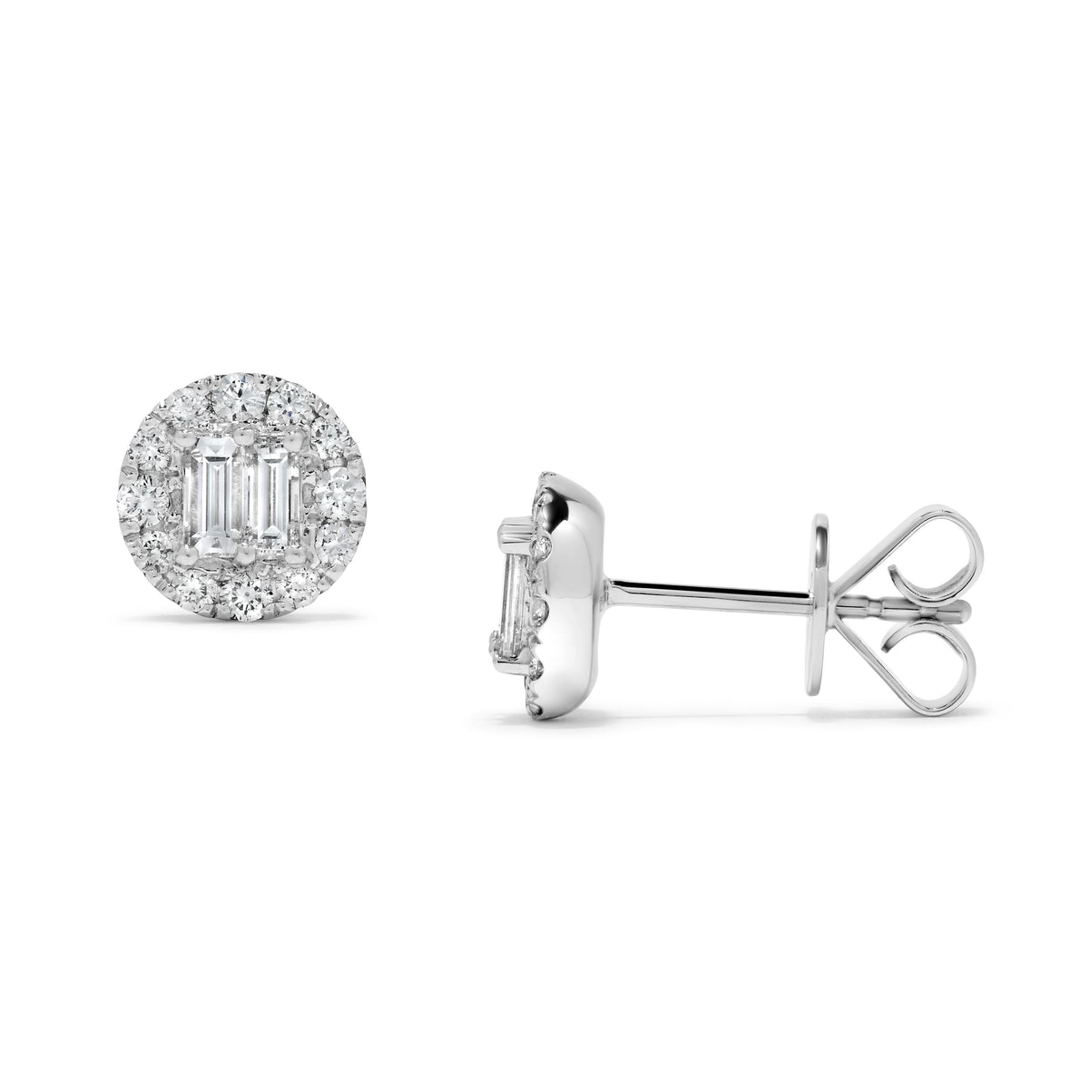 0.65 ct. t.w. Round & Baguette Diamond Halo Stud Earrings in 14K White Gold