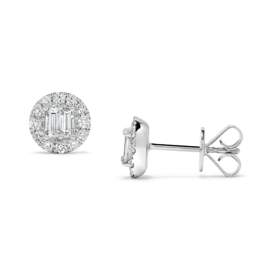 0.65 ct. t.w. Round & Baguette Diamond Halo Stud Earrings in 14K White Gold