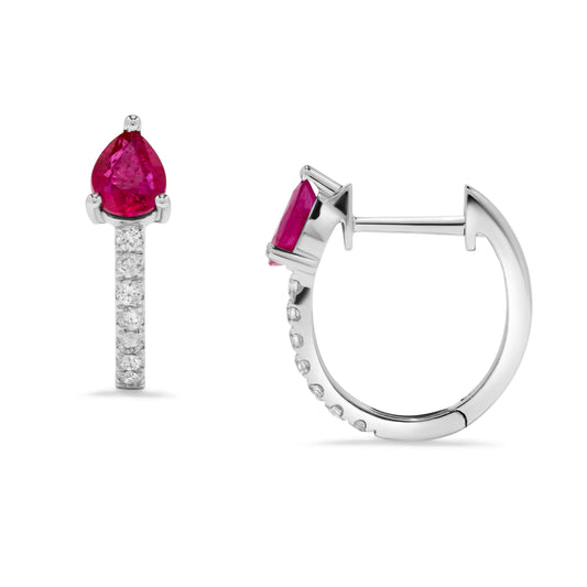 1.03 ct. t.w. Pear-Shaped Ruby & Diamond Huggie Earrings in 14K White Gold