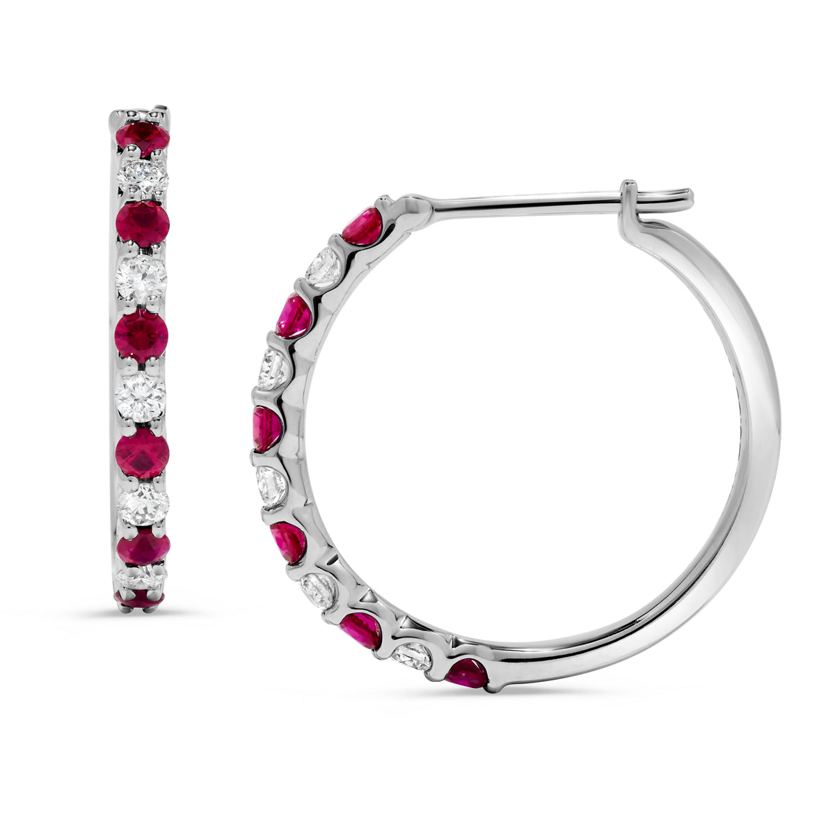 Alternating Ruby & Diamond Hoop Earrings in 14K White Gold