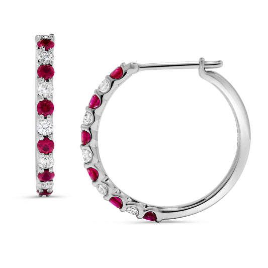 Alternating Ruby & Diamond Hoop Earrings in 14K White Gold