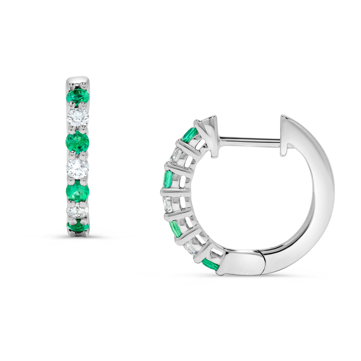 Emerald & Diamond Huggie Earrings in 14K White Gold