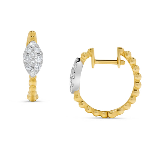 Pavé Diamond Marquise Beaded Huggie Earrings in 14K Two Tone Gold