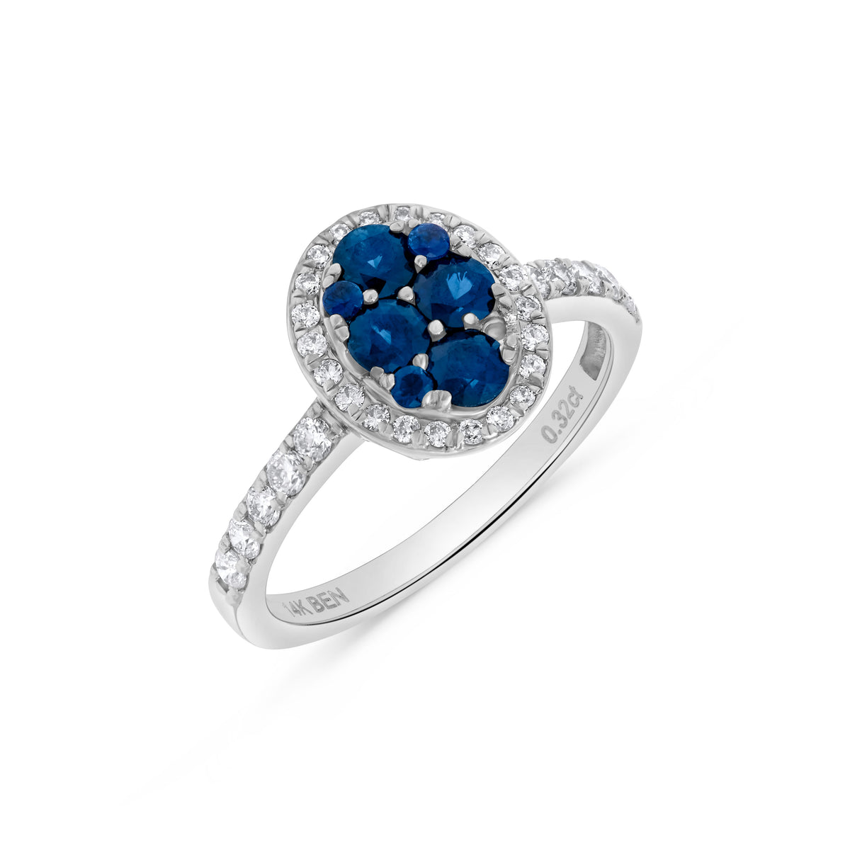 Sapphire Oval Shaped & Diamond Cluster Ring in 14K White Gold