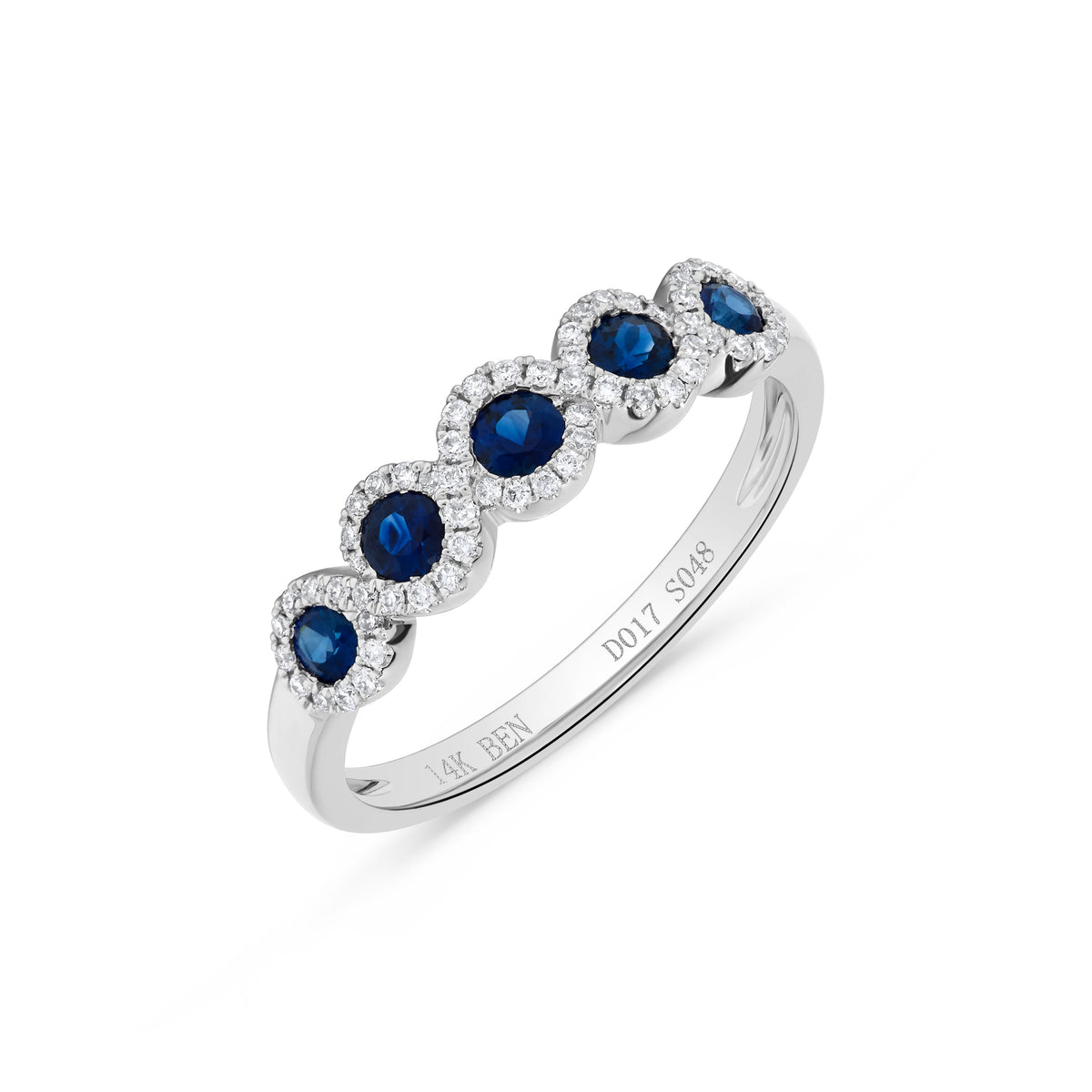 Five Stone Flush Halo Sapphire & Diamond Ring in 14K White Gold