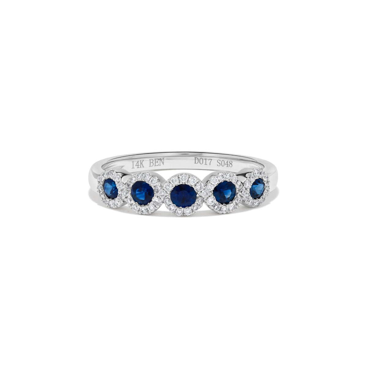 Five Stone Flush Halo Sapphire & Diamond Ring in 14K White Gold
