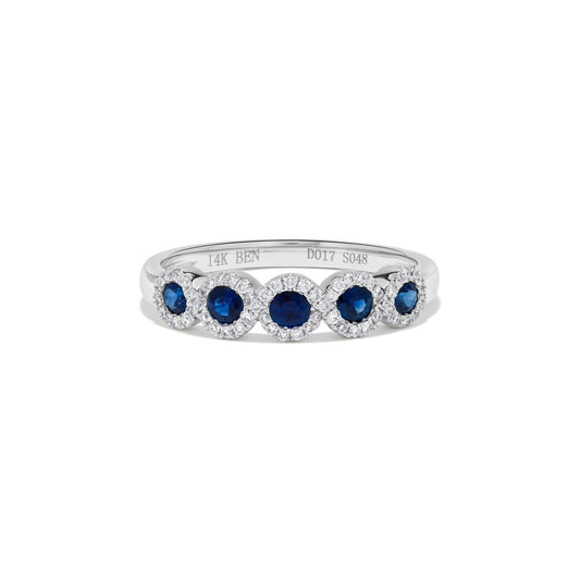 Five Stone Flush Halo Sapphire & Diamond Ring in 14K White Gold