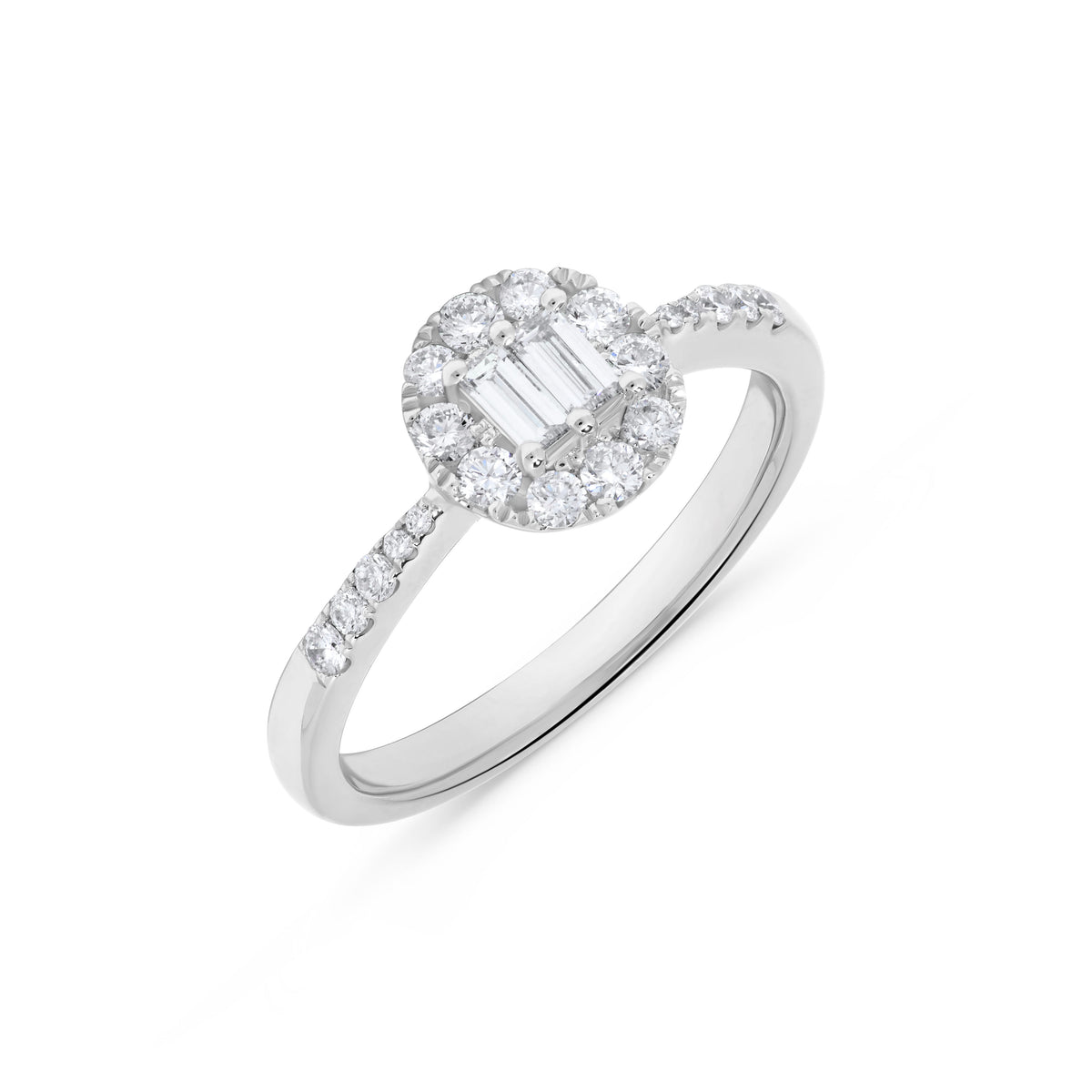 Baguette Diamond Round Halo Ring in 14K White Gold
