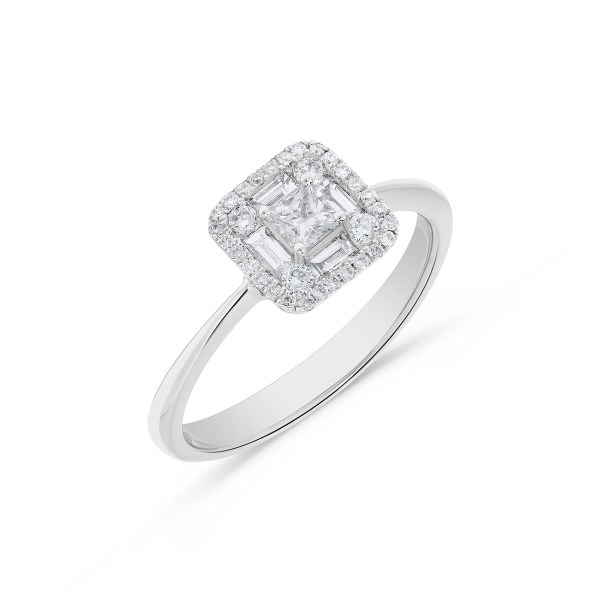 Princess & Baguette Diamond Cluster Ring in 14K White Gold