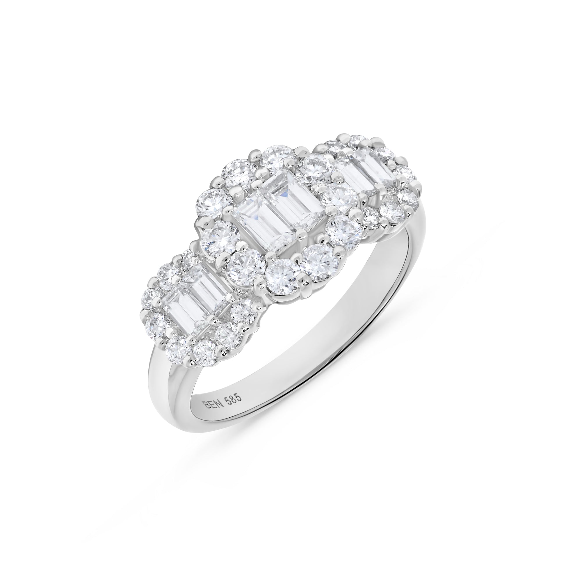 1.50 ct. t.w. Triple Baguette Diamond Round Halo Ring in 14K White Gold