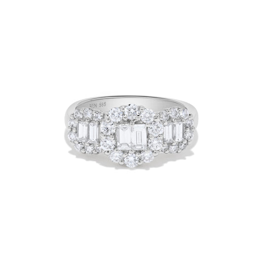 1.50 ct. t.w. Triple Baguette Diamond Round Halo Ring in 14K White Gold