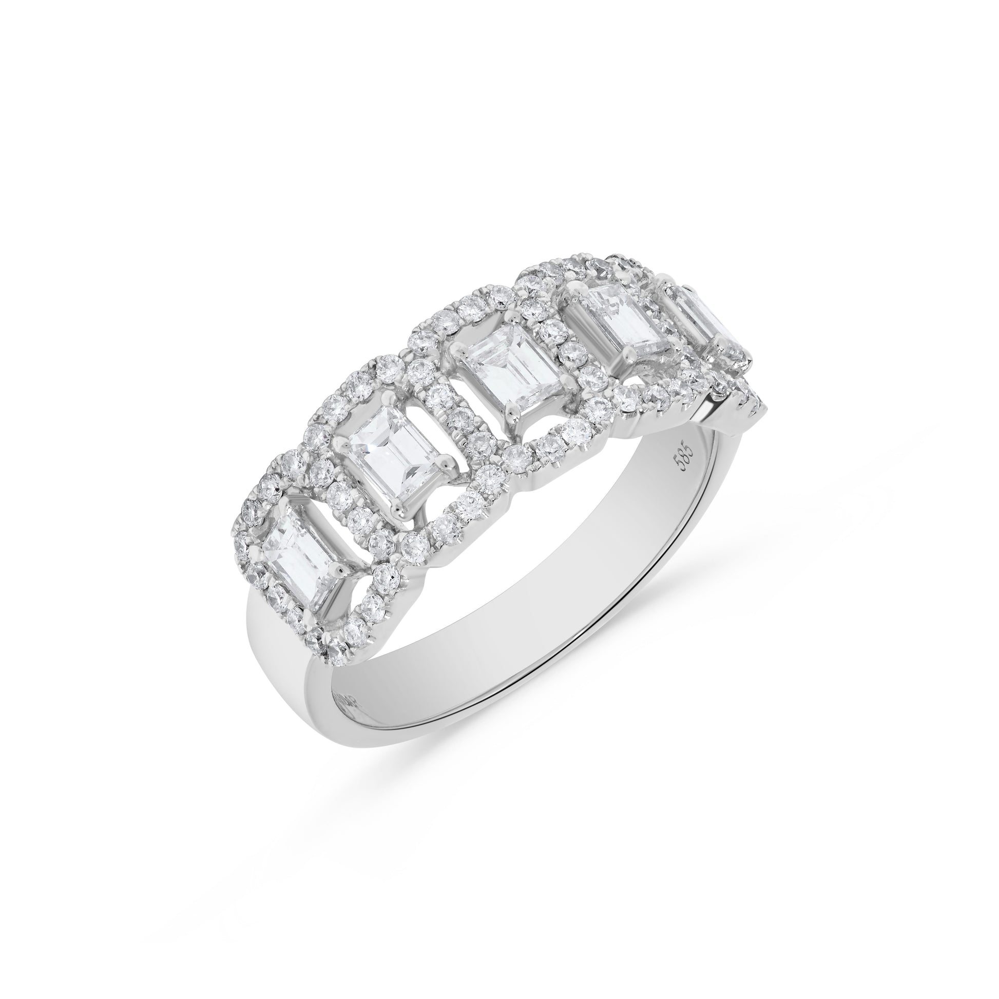 Five Section Baguette Diamond Round Halo Ring in 14K White Gold