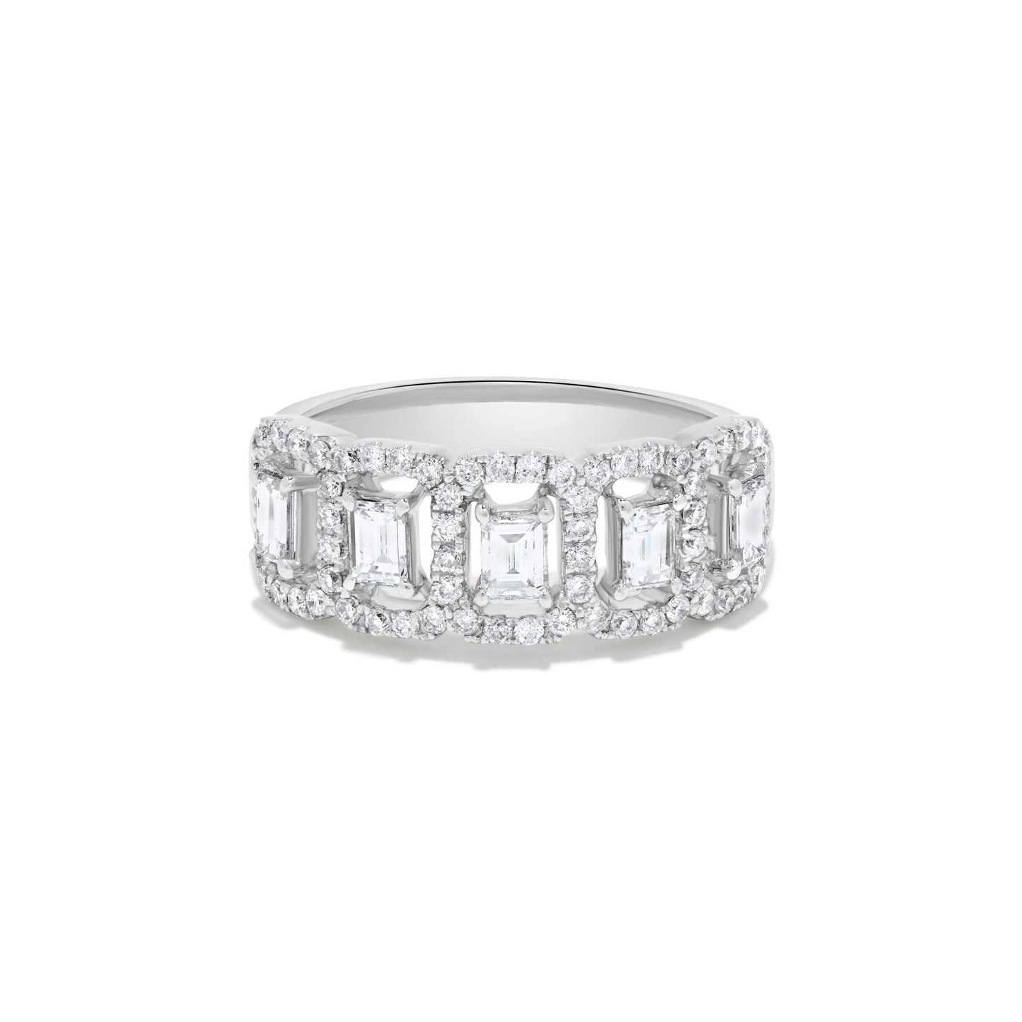 Five Section Baguette Diamond Round Halo Ring in 14K White Gold