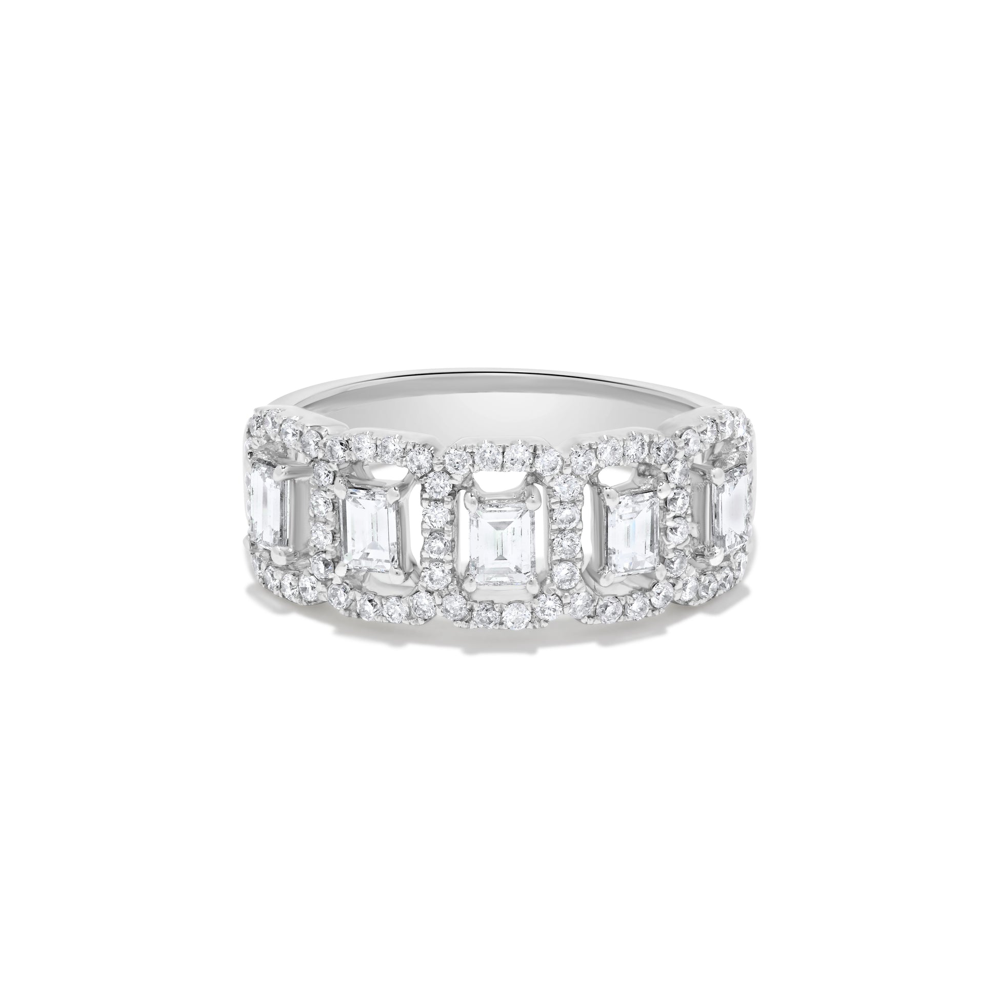 Five Section Baguette Diamond Round Halo Ring in 14K White Gold