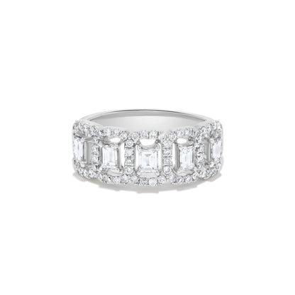 Five Section Baguette Diamond Round Halo Ring in 14K White Gold