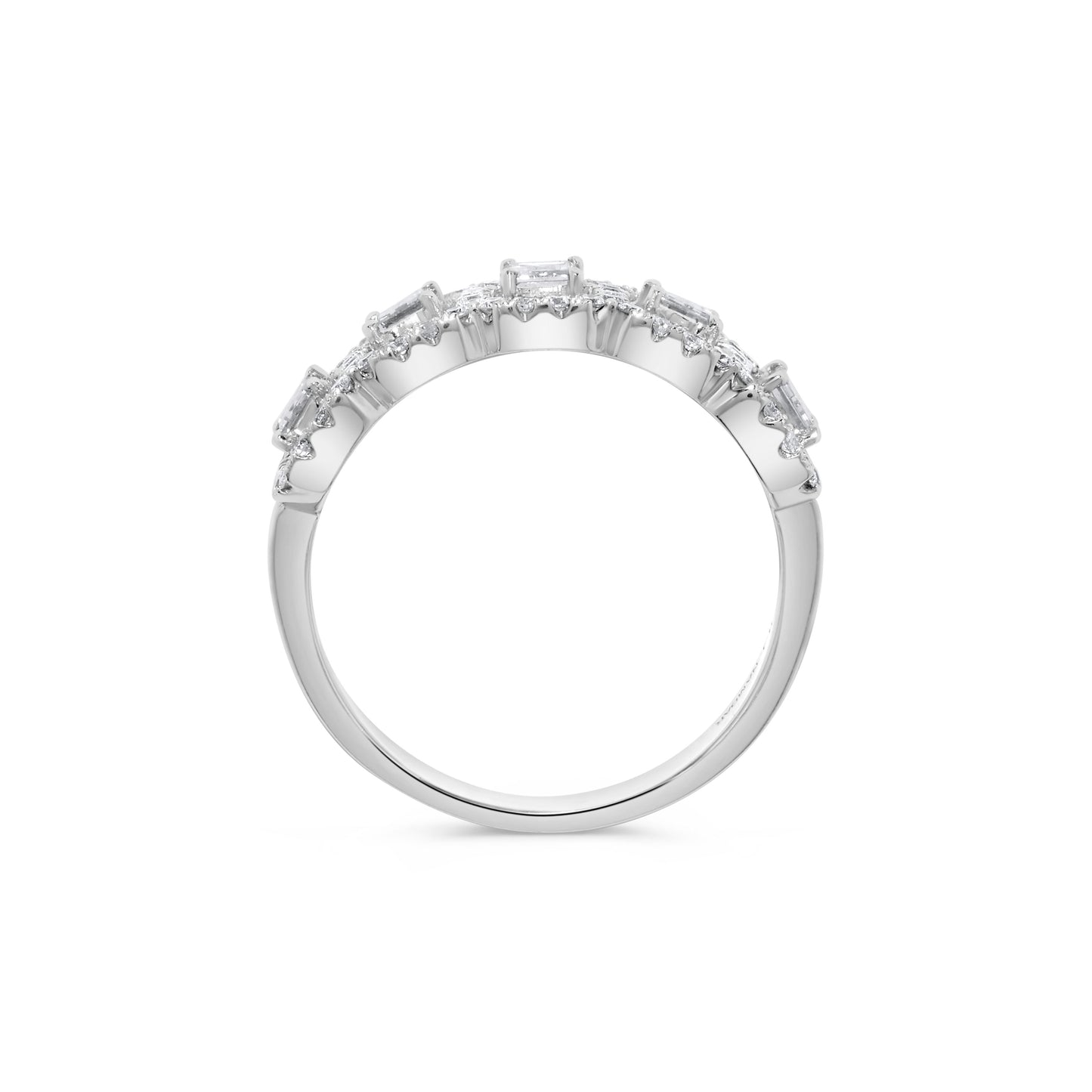 Five Section Baguette Diamond Round Halo Ring in 14K White Gold