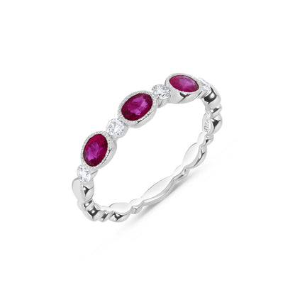 Milgrain Bezel Set Oval Ruby & Diamond Ring in 14K White Gold