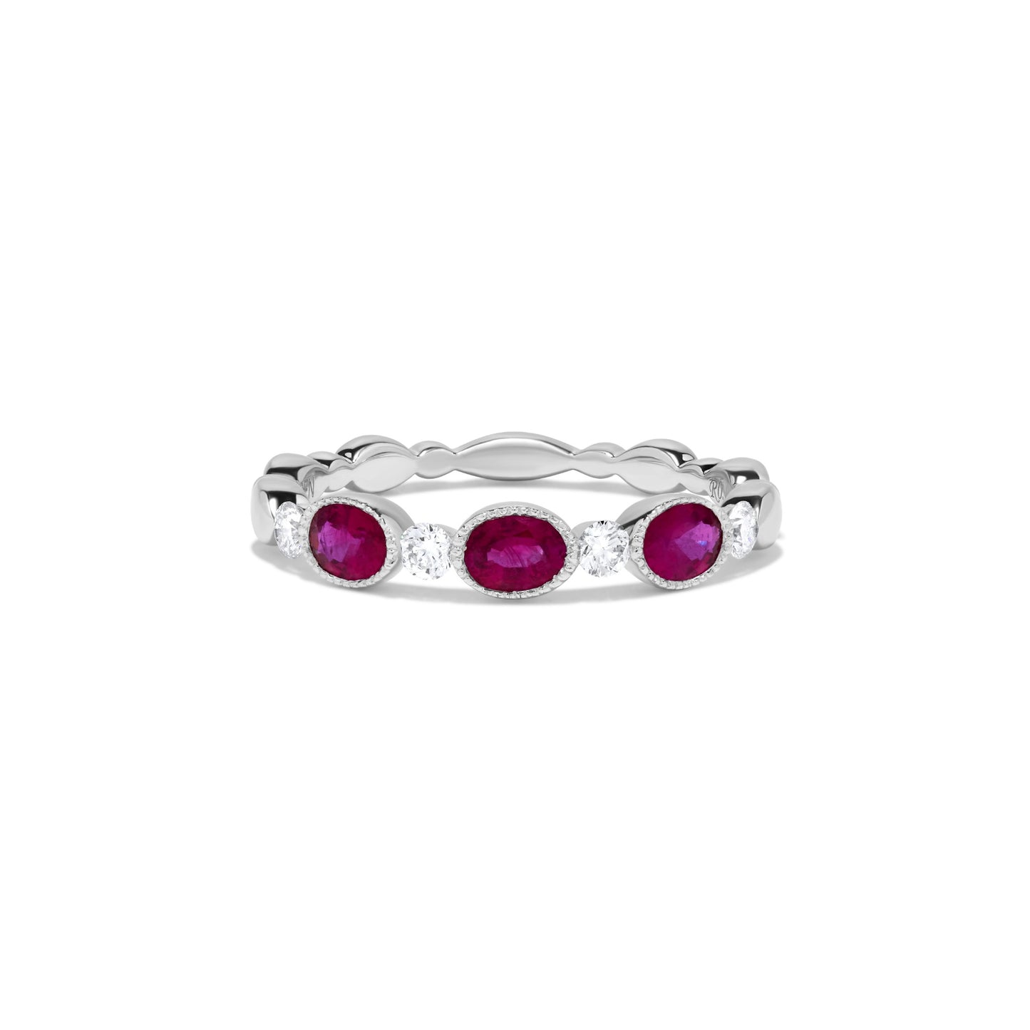 Milgrain Bezel Set Oval Ruby & Diamond Ring in 14K White Gold
