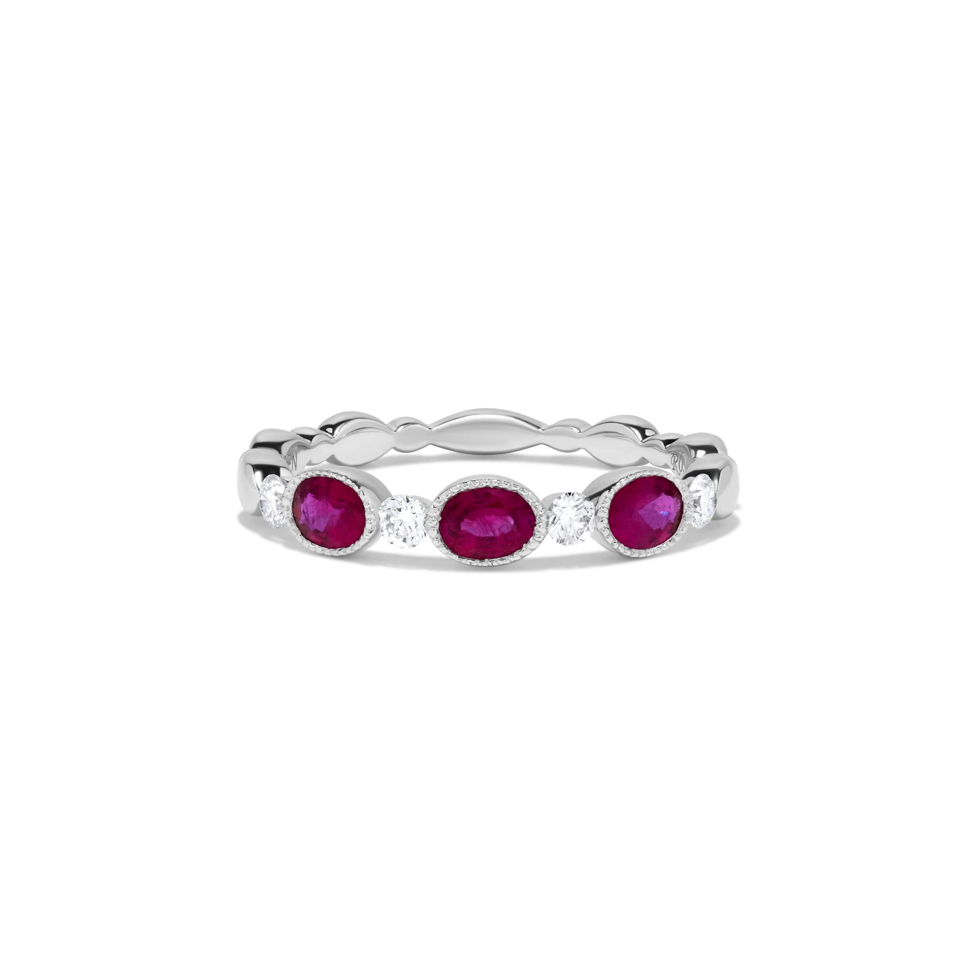 Milgrain Bezel Set Oval Ruby & Diamond Ring in 14K White Gold